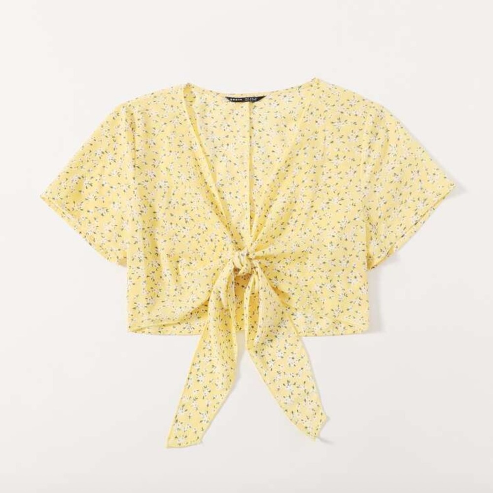 Yellow Floral Tie-Front Top